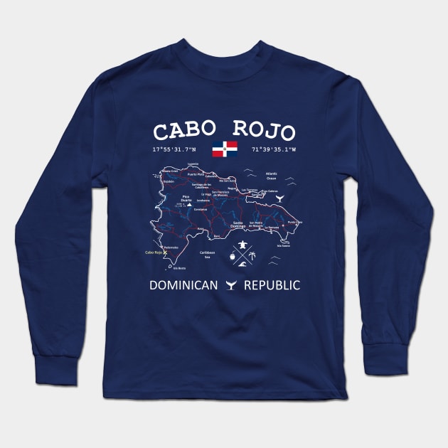Cabo Rojo Dominican Republic Flag Travel Map Coordinates Roads Rivers and Oceans Long Sleeve T-Shirt by French Salsa